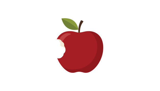 Red apple with a bite taken out, green leaf bitten apple