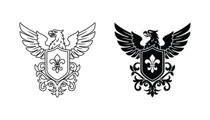 Eagle crest shield with fleur de lis symbol in outline and solid black styles for heraldic logo design and luxury brand identity elements © Lucid