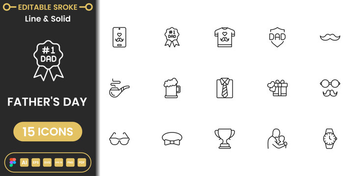 Fathers day celebration icon pack featuring dad accessories, gifts, love symbols and family elements clean vector set