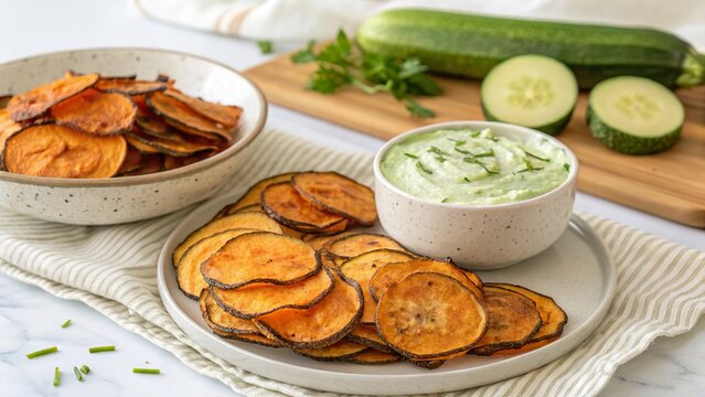Homemade veggie chips paired with cucumber slices and creamy dip on a kitchen countertop