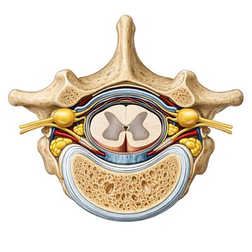 Anatomical Cross Section Illustration of a Human Lumbar Vertebra with Spinal Cord and Nerve Roots Isolated on White Background.