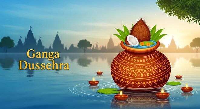 Ganga Dussehra Celebration Vector Illustration &ndash; Holy River Ganges Descent with Kalash, Golden Pot, and Diya Lamps on Water Background