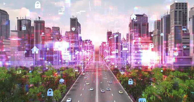 Artificial intelligence controlled urban city with high speed internet symbols. Technology Related 3D Animation.