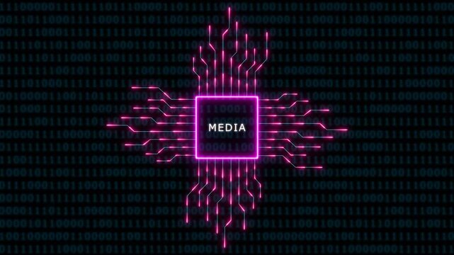 Digital media processor chip with glowing pink circuitry and binary code background, for tech and, data concepts