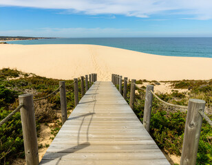 Fototapeta premium Wooden boardwalk leading to wide sandy beach and calm ocean.