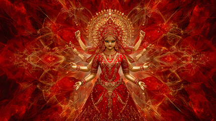 Fototapeta premium hindu goddess durga digital art with golden crown and red fiery background