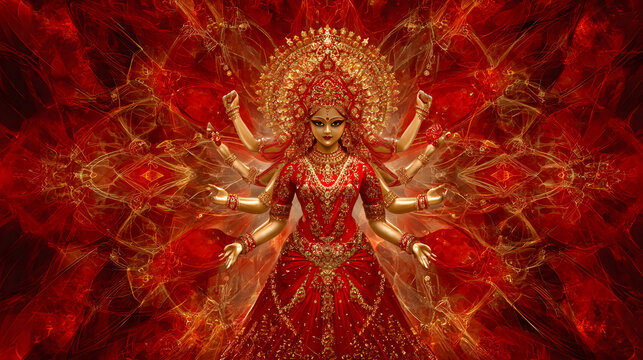 hindu goddess durga digital art with golden crown and red fiery background