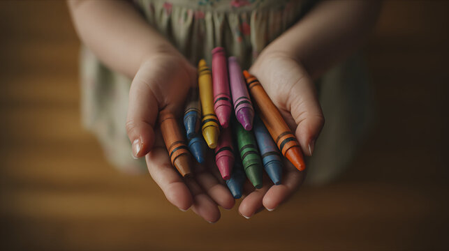 child holding colorful crayons in hands close-up warm natural light