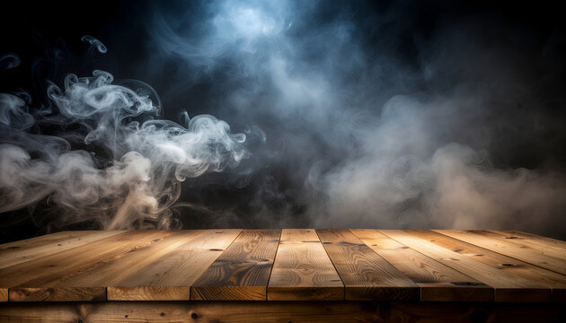 Empty rustic wooden table with smoky background and dramatic light.