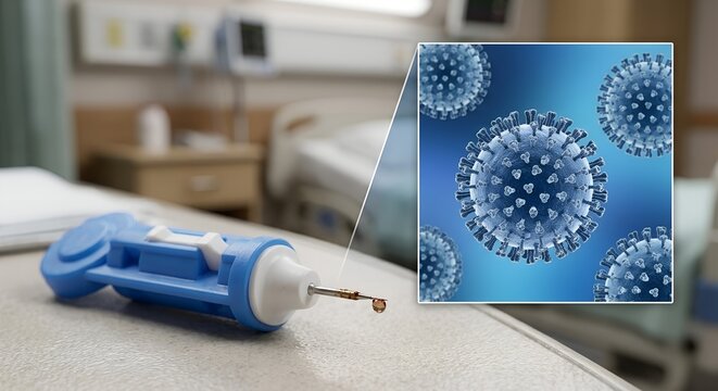 HCV virions near a sterile lancet on a hospital bedside table, perfect for hepatology, infectious disease, and co-morbidity concepts