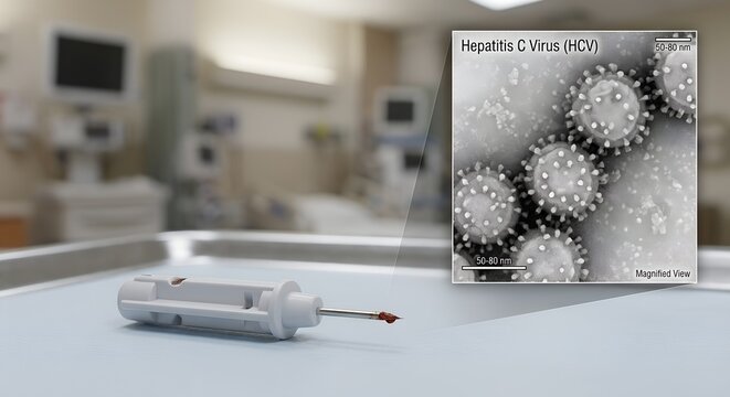 Magnified view of hepatitis c virus particles floating above a blood glucose lancet device in a hospital room, representing hcv testing and diabetes management