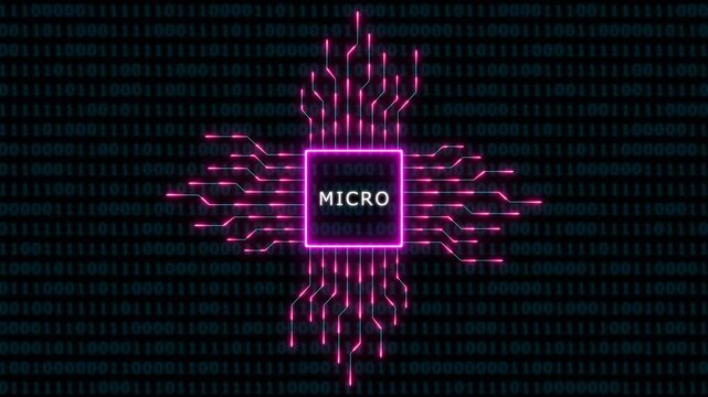 Neon microchip processor with digital binary code background, futuristic cyber technology concept animation