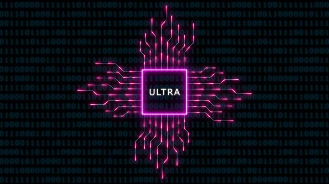 Ultra processor chip with glowing neon circuitry and binary code data stream for advanced computing technology