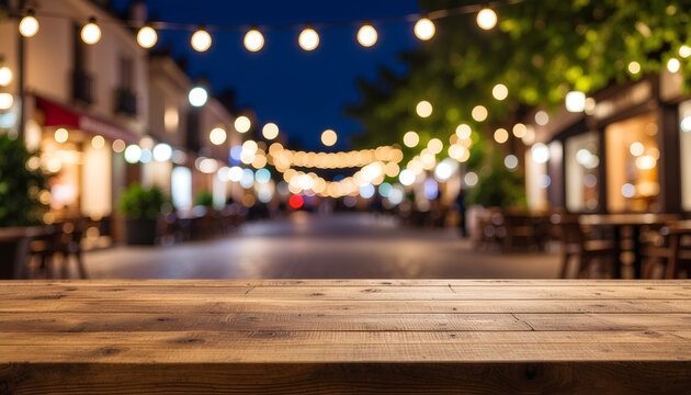 Empty wooden table with string lights on festive street at night.