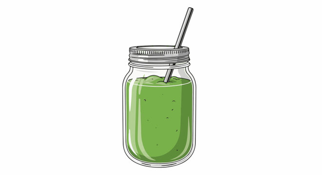 A green smoothie in a clear glass jar with a metal straw