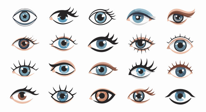 A grid of diverse stylized human eyes in various colors and shapes