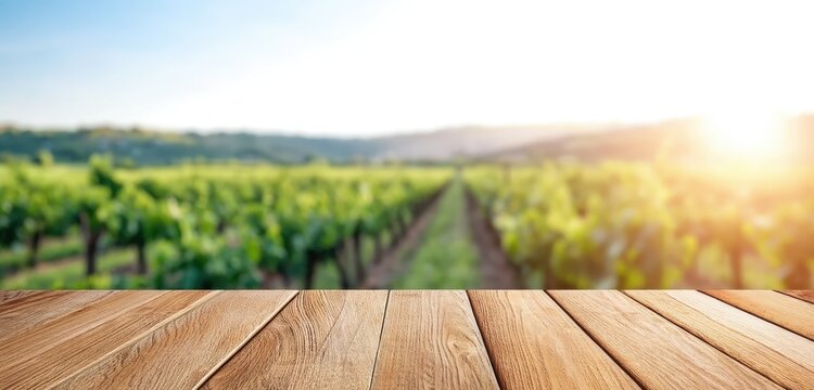 Wooden table foreground with a sunlit vineyard stretching into the distance under a clear sky.