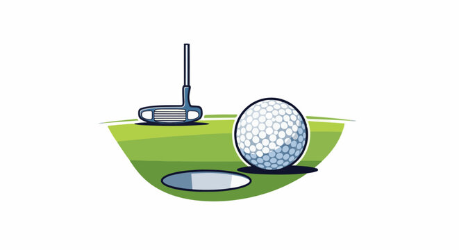 A golf putter, ball, and hole on a green putting surface