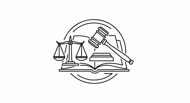 A graphic depiction of justice symbols including a scale, gavel, and an open book