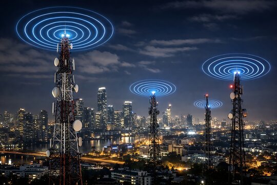Futuristic Smart City Network with Signal Waves and IoT Connectivity in Night Skyline Cyberpunk Concept