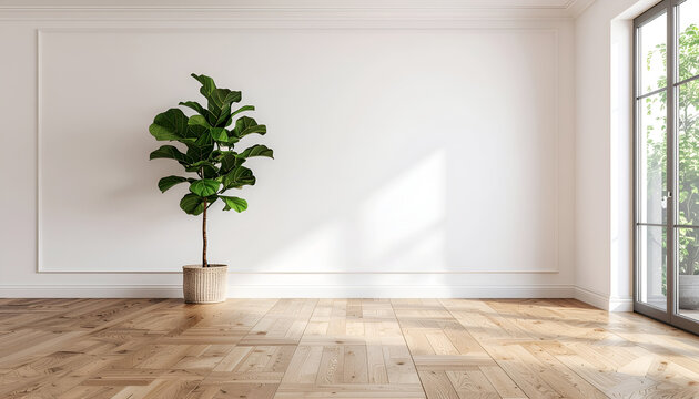 Minimalist living room interior with potted fiddle leaf fig and sunlit wooden floor.