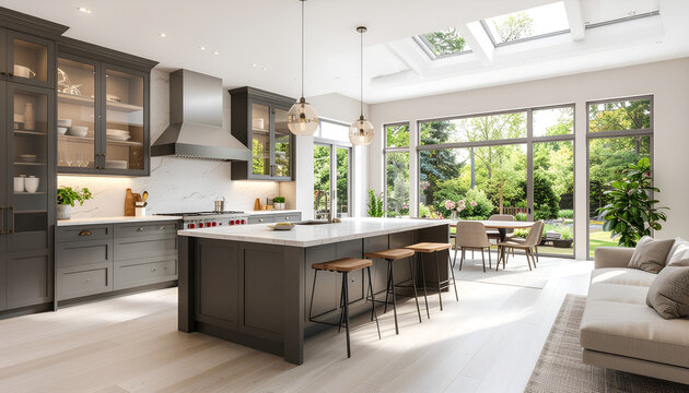 Sunlit modern kitchen with island and skylights opening to lush garden.