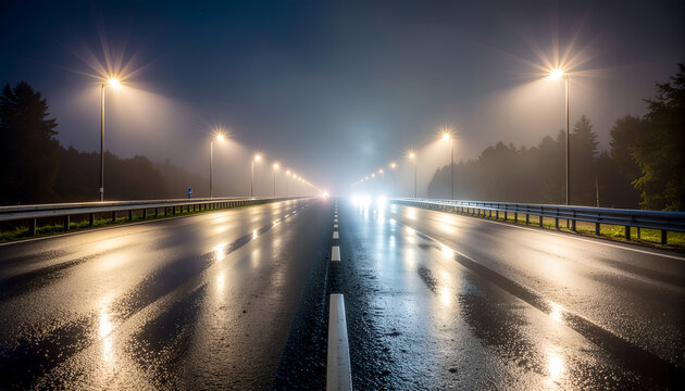 Rainy highway at night with headlights and fog.