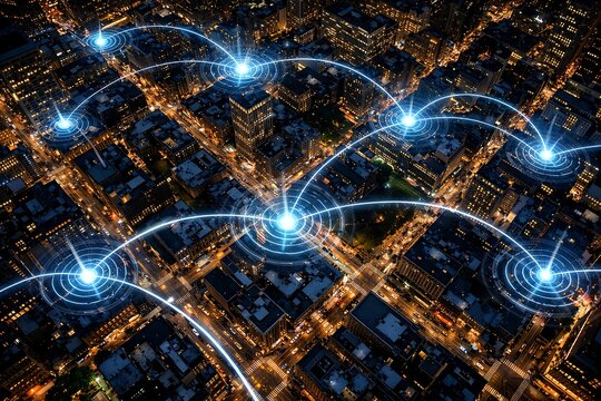 Futuristic Smart City Network with Signal Waves and IoT Connectivity in Night Skyline Cyberpunk Concept