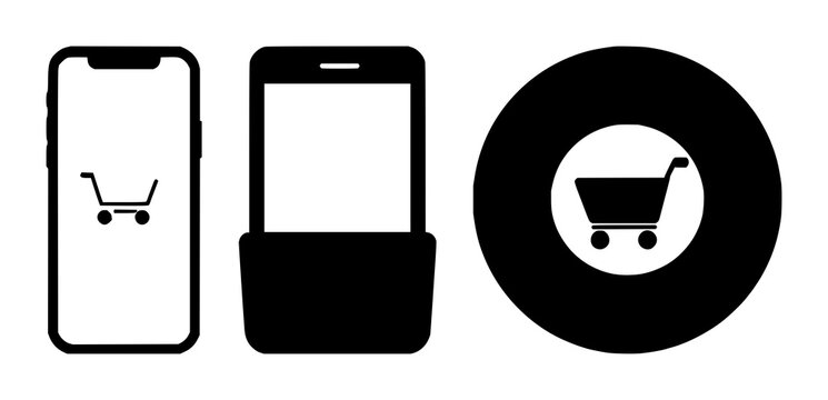 E-commerce mobile app icon set with solid black graphic on white background featuring e-commerce, mobile app, icon design with monochrome and white background