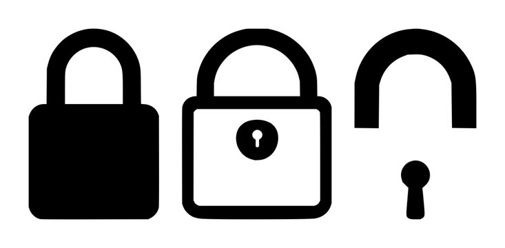 Secure checkout padlock icon set with solid black figure on white background featuring security, digital, e-commerce with lock and key