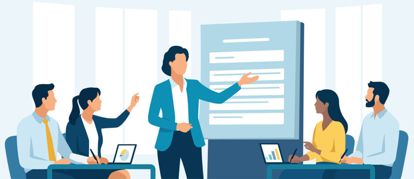 Presentation, education, learning, business illustration. The business team listens to the female teacher.
