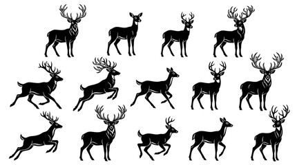 Fototapeta premium Black White Deer Silhouette Vector Set - Wildlife Animals, Buck, Stag Doe Glyphs
