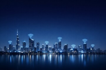 Fototapeta premium Futuristic Smart City Network with Signal Waves and IoT Connectivity in Night Skyline Cyberpunk Concept