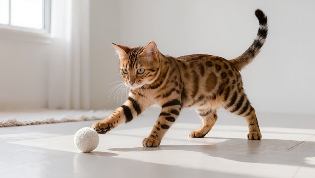 Spotted Bengal cat with striking patterns reaching a paw towards a sma.
