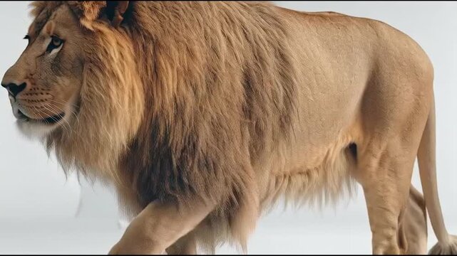 A powerful lion walks from left to right