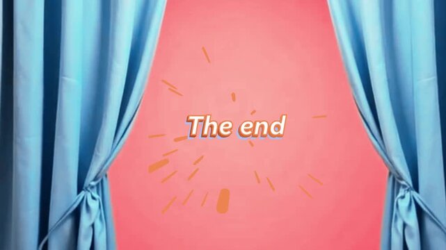 Theater curtain opening with pop-up The End text for movie finale or presentation closing.