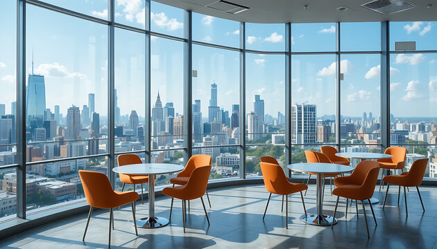 Modern office break room with orange chairs and city skyline view through large windows on a sunny day with clouds