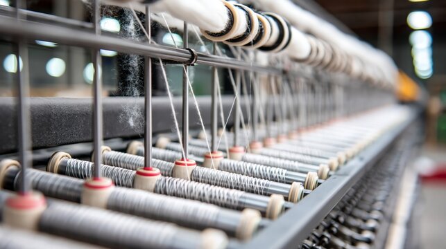 An industrial yarn spinning frame in a textile mill.