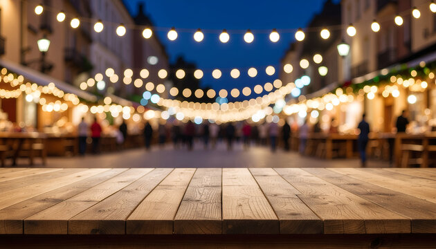 Empty wooden table with festive street market lights at dusk.