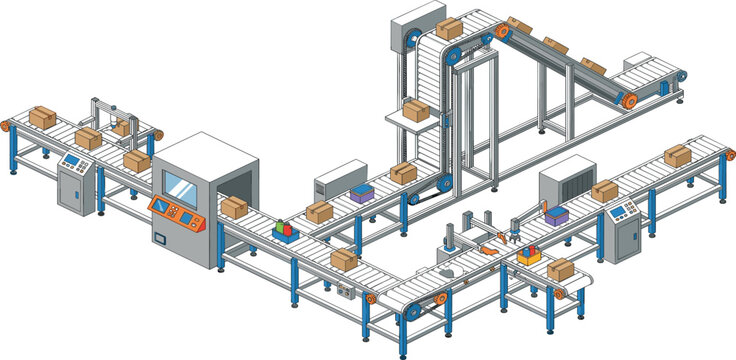 Automated warehouse conveyor system for industrial package sorting and logistics distribution with multi level belts isolated on white background 3d isometric vector illustration for manufacturing.
