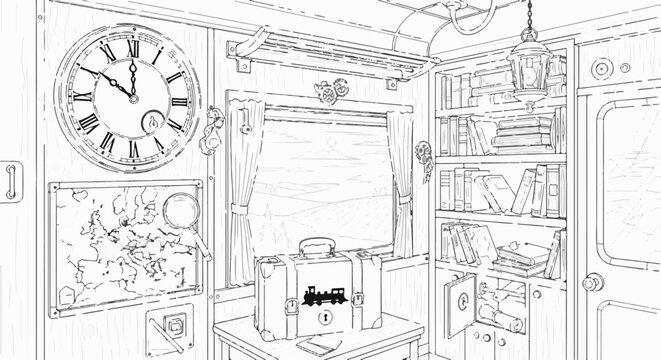 A cozy train compartment interior with books, a map, and a view outside