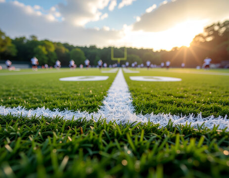 Low angle view of football field yard line at sunset.