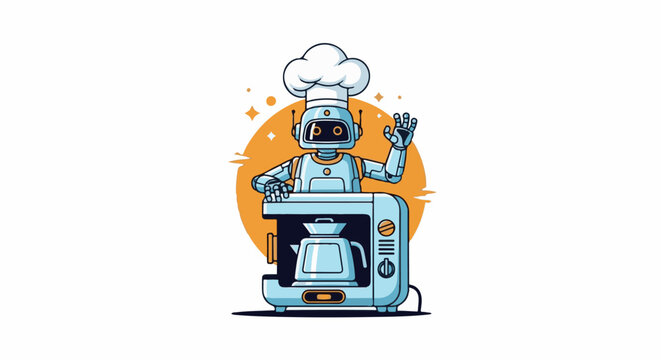A friendly robot chef with a chef's hat smiles and waves beside a coffee maker