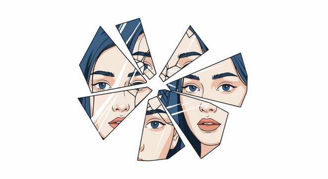 A fragmented face in pieces, reflecting different emotions and perspectives