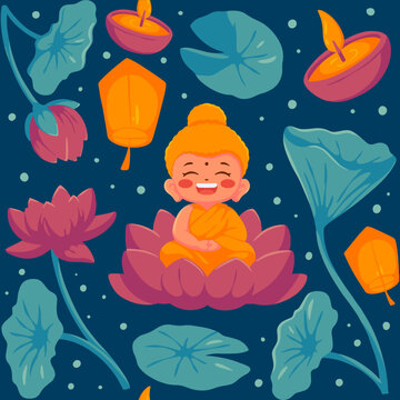 A pattern for Vesak Day. This pattern features an illustration of a meditating Buddha surrounded by lotus flowers, leaves, lanterns, and floating candles. Perfect for wall or paper decoration.
