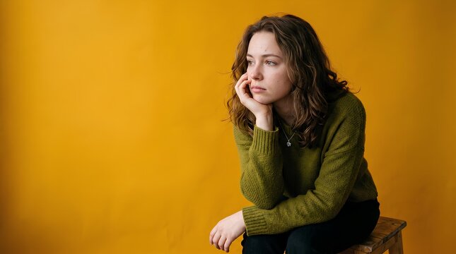 A young woman sad with wavy brown hair sits on a stool, leaning her chin
