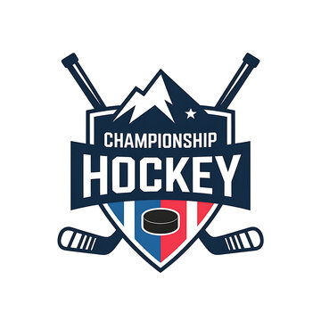 Hockey championship badge logo with sticks puck and shield