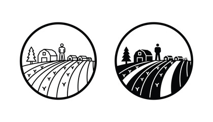 Farmer standing in cultivated crop field near barn circular icon set featuring outline and solid black silhouettes for agricultural industry branding or sustainable farming concepts © Aura