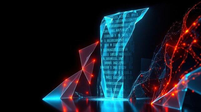 Abstract digital landscape. Glowing polygonal structures, binary code streams, dark background creates futuristic vibe.