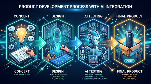 Ai driven product development process flowchart with concept design testing and final product